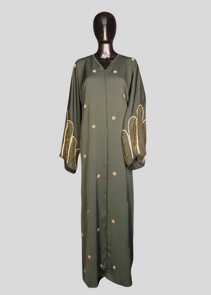 Green Premium Elegant Designer Green Abaya In Korean Zoom Fabric with Matching Georgette Hijab. [SKU A100300]
