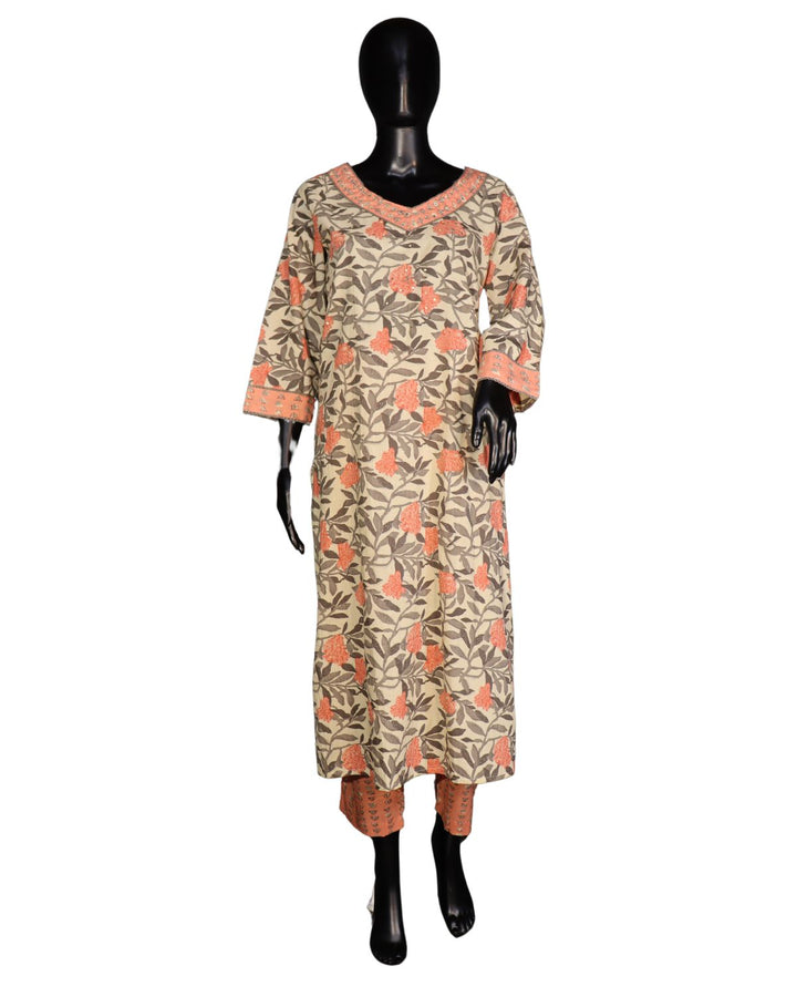 Pure Cotton Coffee Cream Salwar Suit with Pink Floral Work