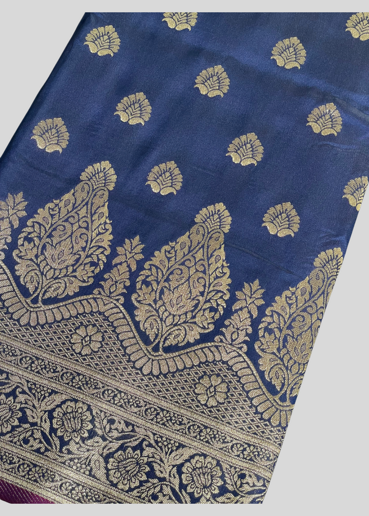 Navu blue banarasi lichi silk saree with zari weaving work [SKU:S100802]