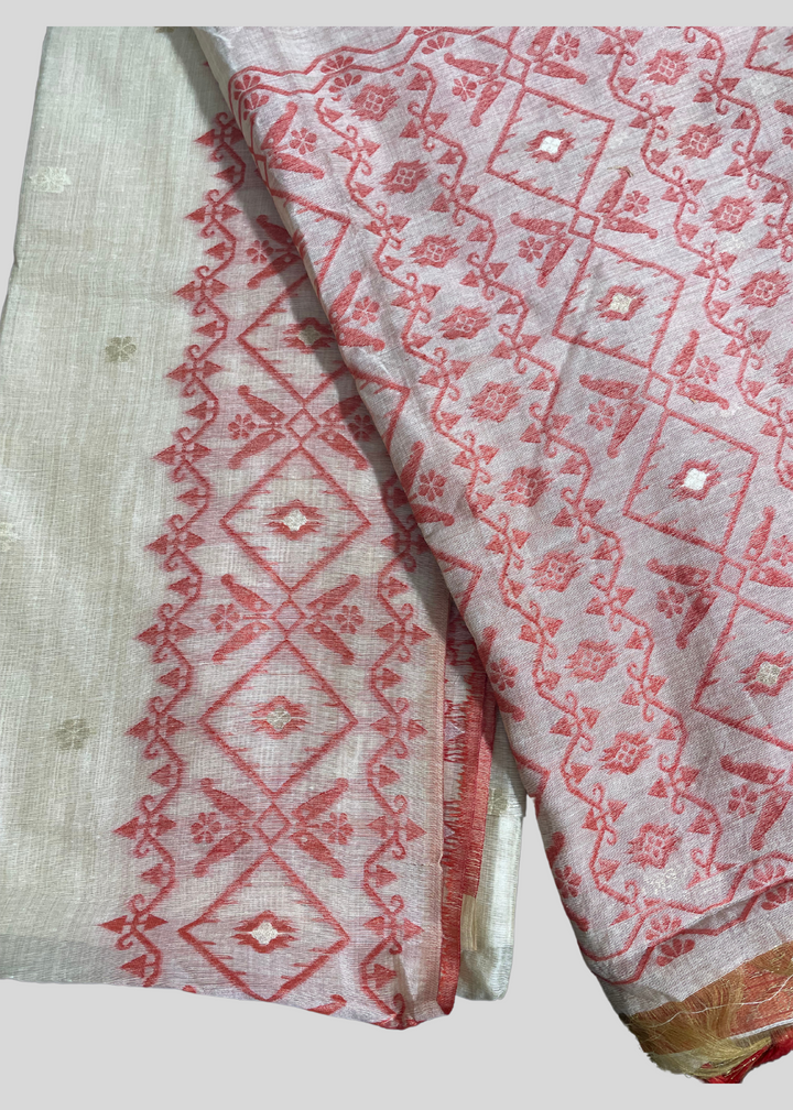 Off white and red color soft muga cotton saree with jamdani woven design [SKU:S103342]