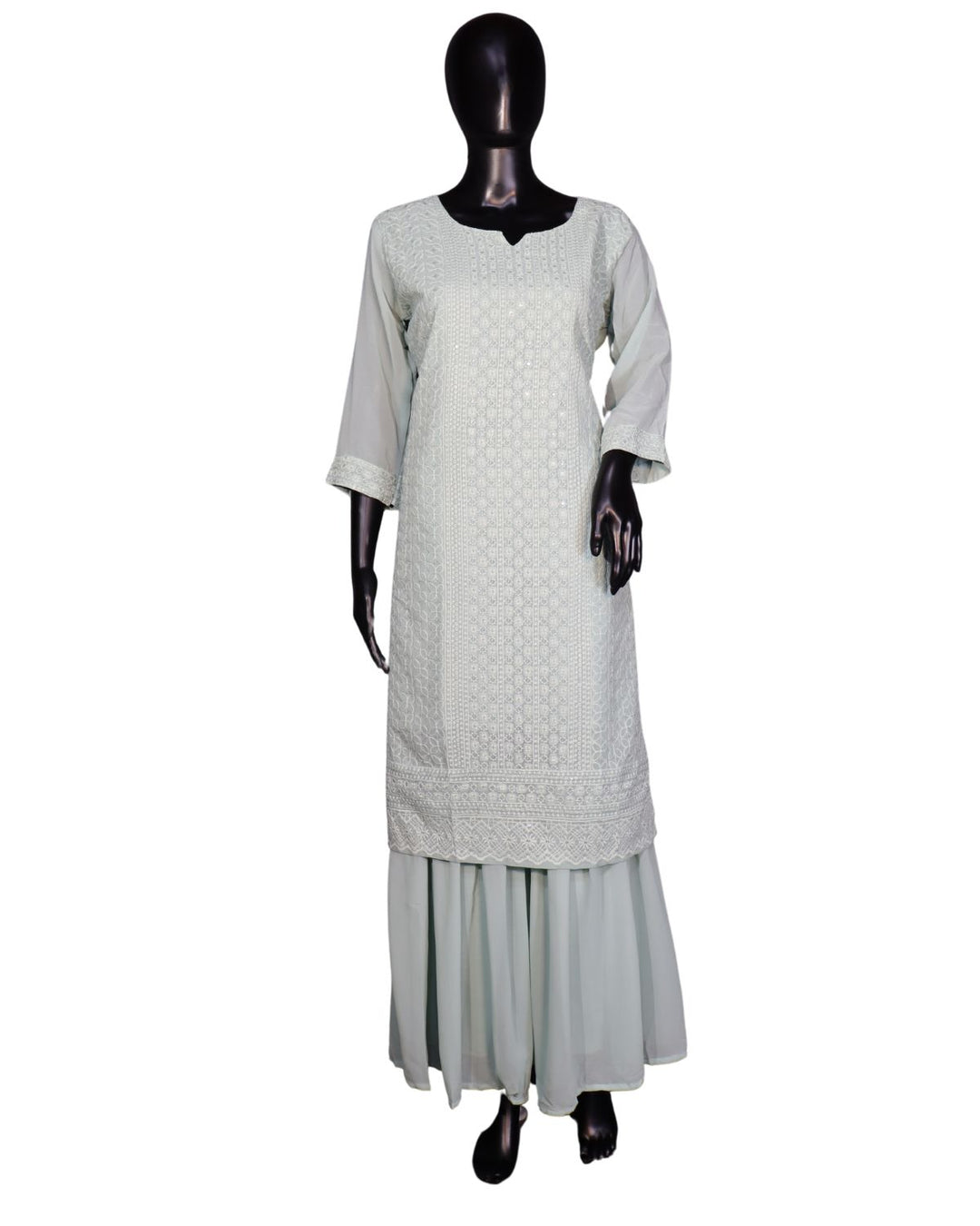Baby Blue Faux georgette Schiffli Worked Sharara Suit