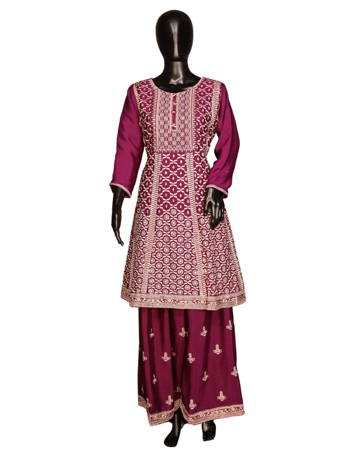 Purple Chinnon Silk Embroidery Worked Sharara Suit