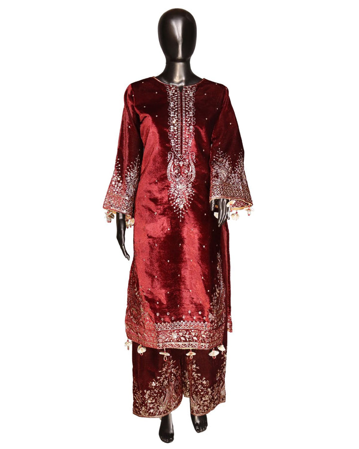Maroon Heavy Pure Viscose Velvet With Embroidery Worked Salwar Suits