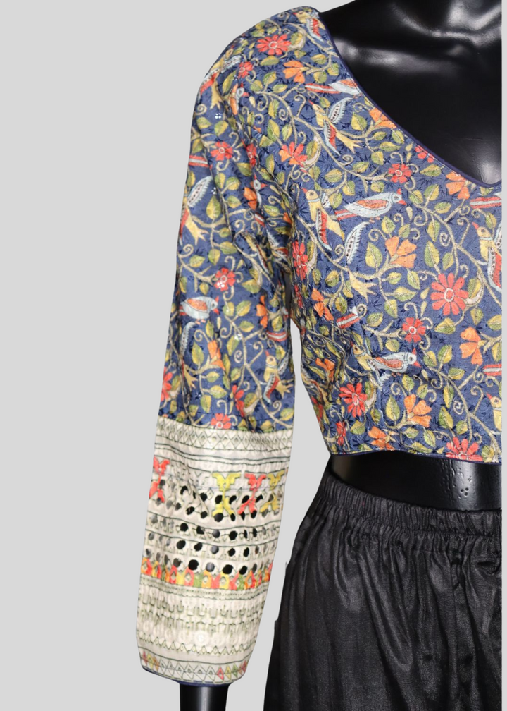 Navy Blue Chikankari With Kalamkari Print Readymade Blouse