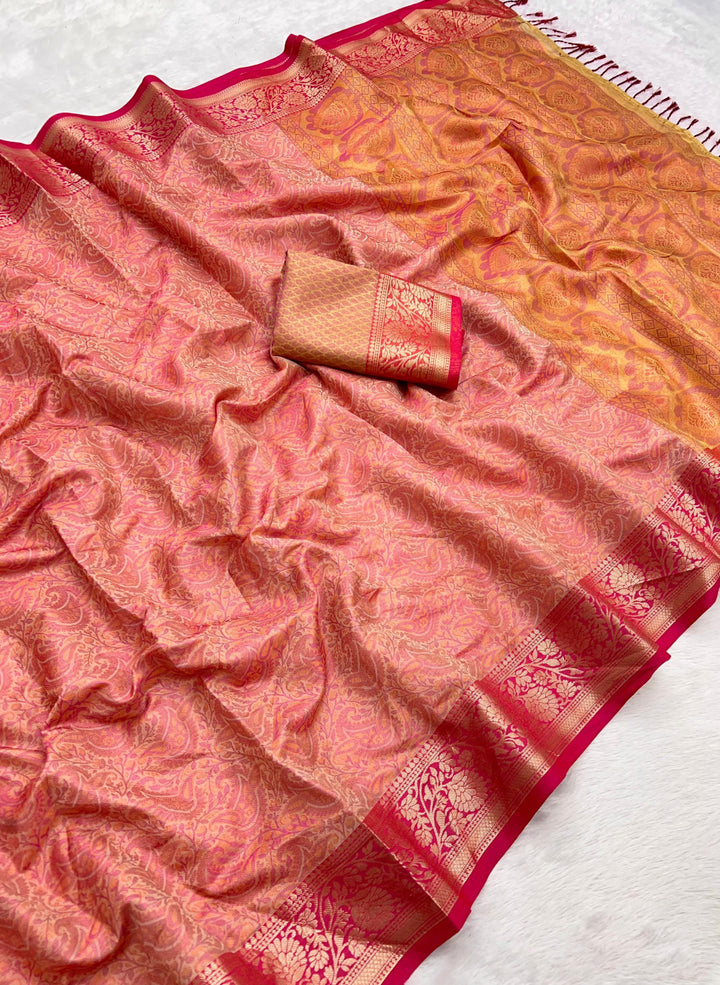 Peach banarasi silk saree with zari weaving work [SKU:S101722]