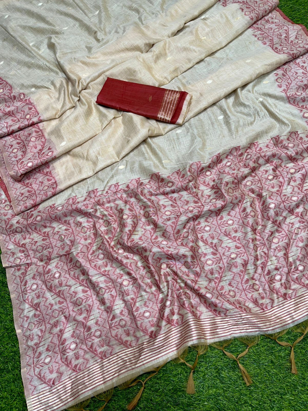Off white and red color soft muga cotton saree with jamdani woven design [SKU:S103342]
