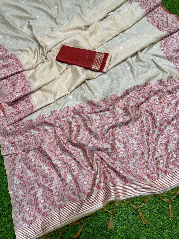 Off white and red color soft muga cotton saree with jamdani woven design [SKU:S103342]