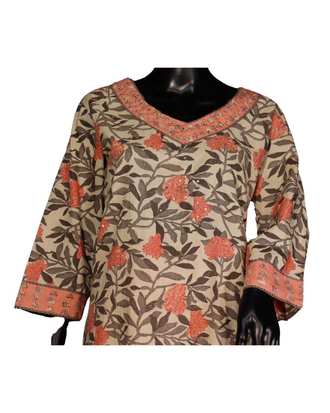 Pure Cotton Coffee Cream Salwar Suit with Pink Floral Work