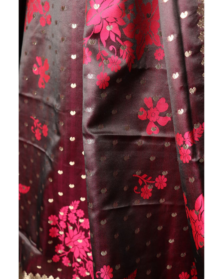 Maroon kanjivaram satin silk saree with zari weaving border & designer rich pallu
