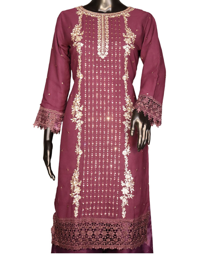 Wine Faux Georgette Exclusive Embroidery & Sequence Worked Pakistani Salwar Suit