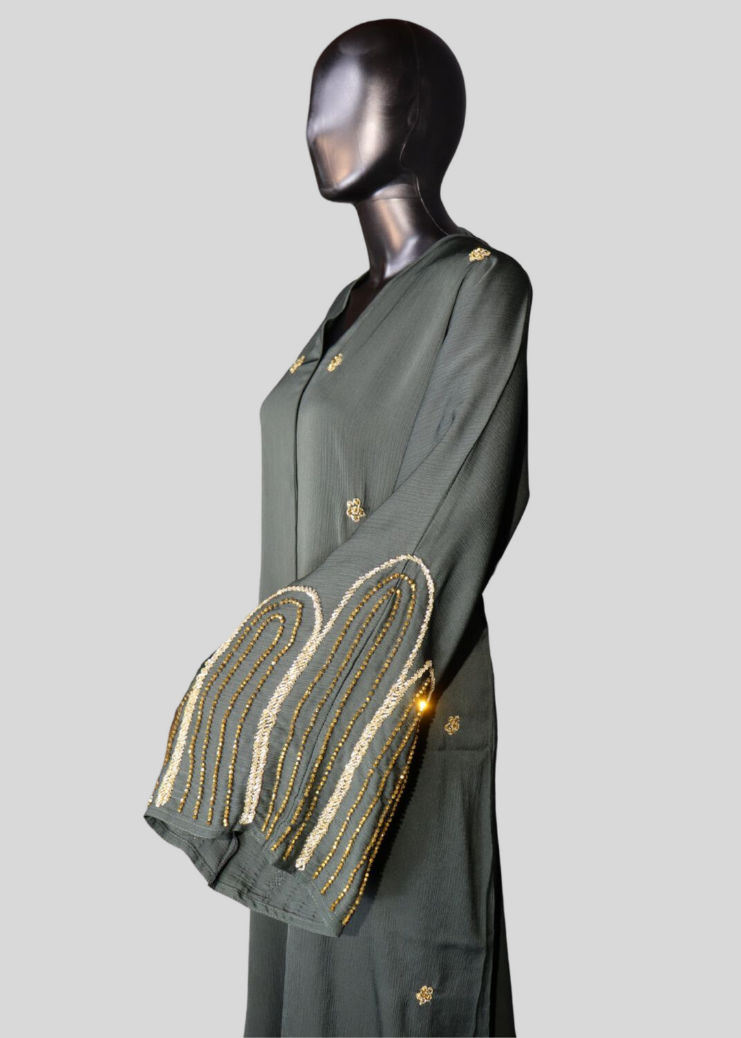 Green Premium Elegant Designer Green Abaya In Korean Zoom Fabric with Matching Georgette Hijab. [SKU A100300]