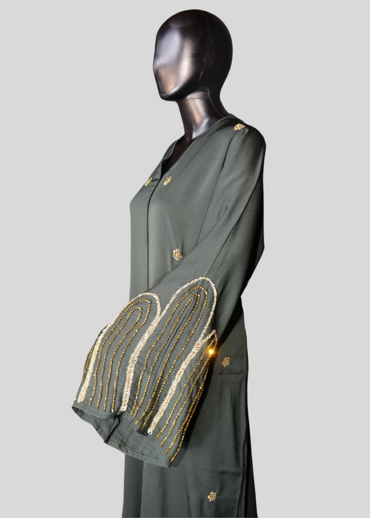 Green Premium Elegant Designer Green Abaya In Korean Zoom Fabric with Matching Georgette Hijab. [SKU A100300]