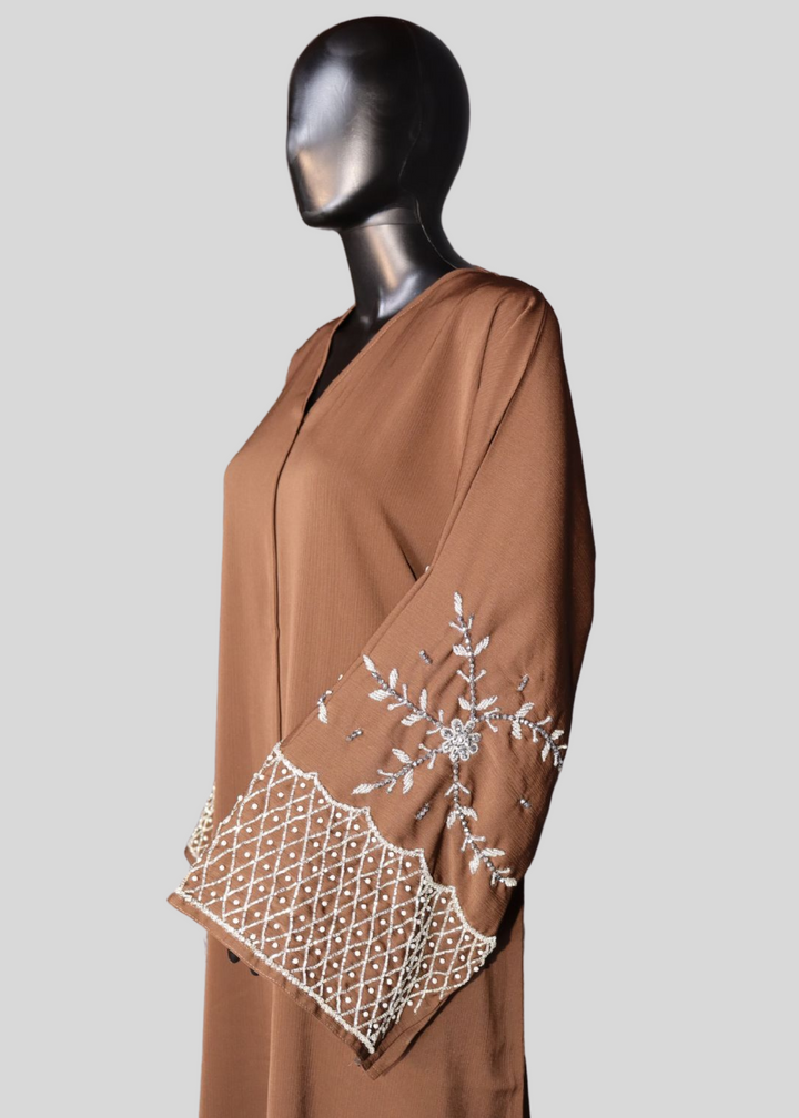 Brown Premium Elegant Designer Abaya In Korean Zoom Fabric with Matching Georgette Hijab