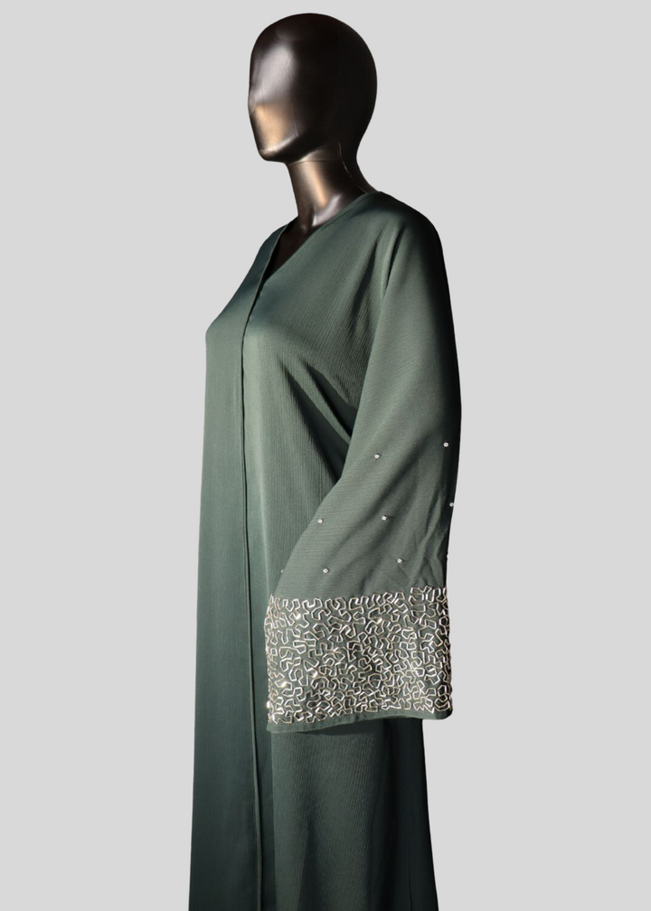 Green Premium Elegant Designer Abaya In Korean Zoom Fabric with Matching Georgette Hijab. [SKU A100400]