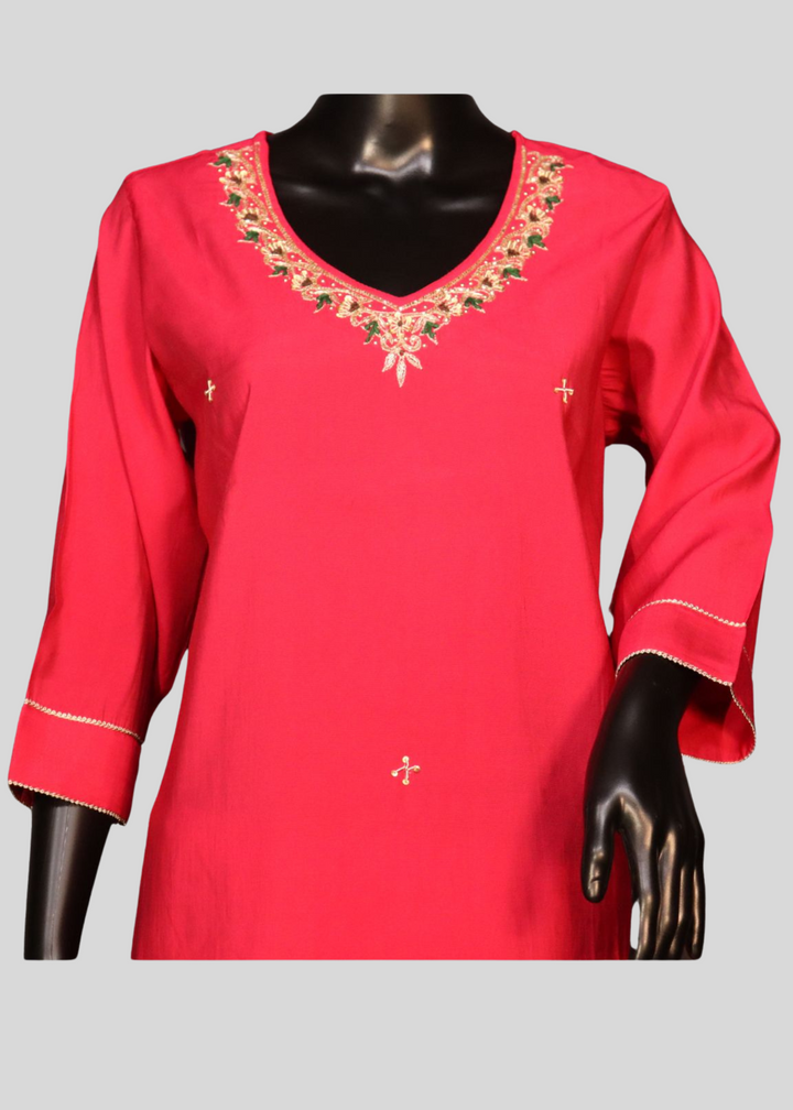 Hot Pink Roman Silk Salwar Suit With Neck Work
