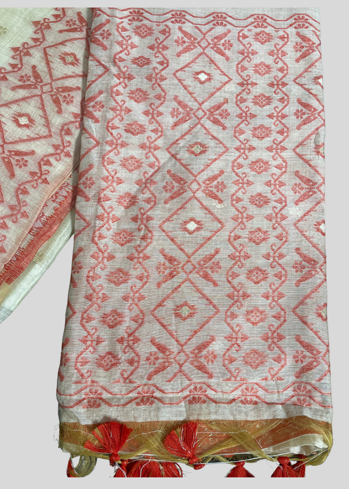 Off white and red color soft muga cotton saree with jamdani woven design [SKU:S103342]
