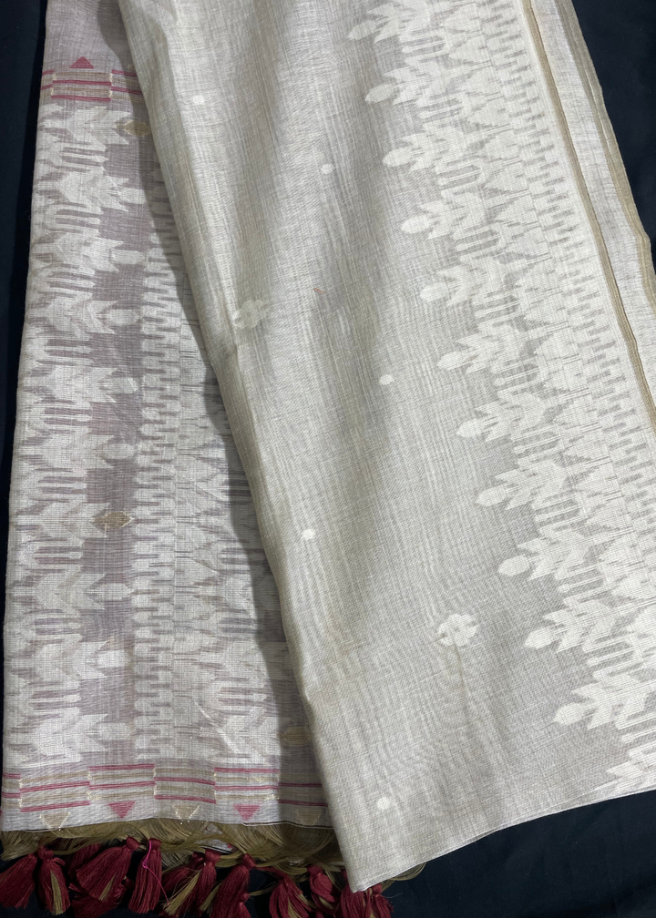 Cream soft muga cotton saree with jamdani weaving work [ SKU: S103052 ]