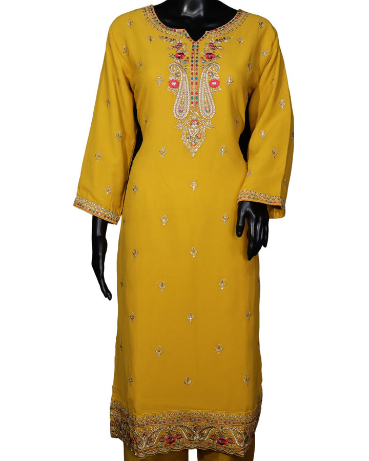 Mustard Real Georgette Exclusive Embroidery Worked Salwar Suit