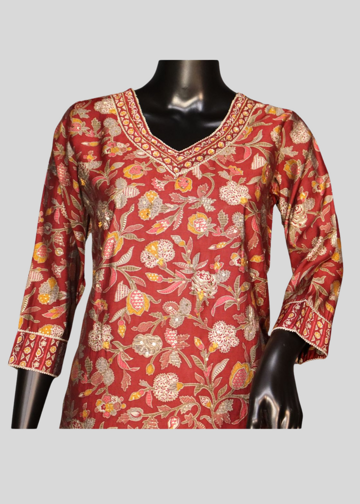 Maroon Pure Muslin Floral Worked Salwar Suit