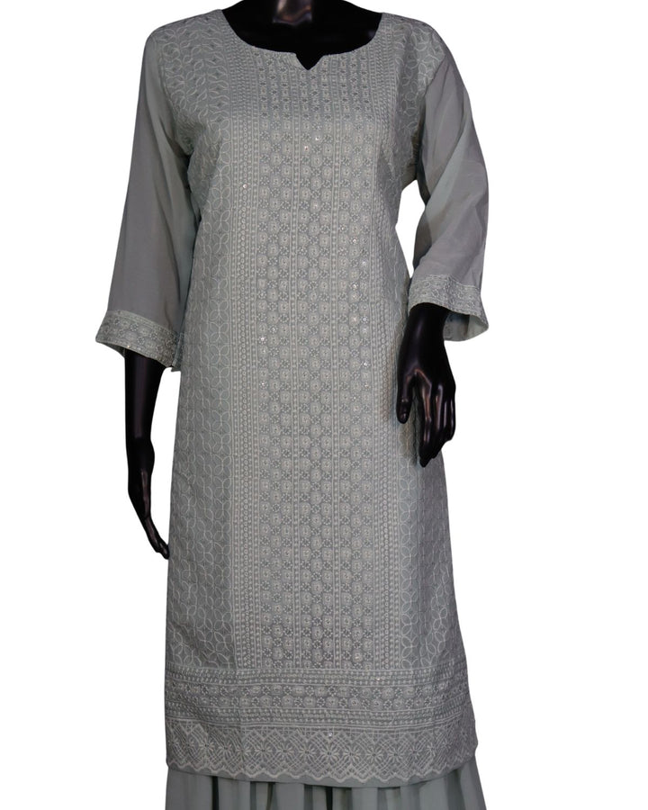 Baby Blue Faux georgette Schiffli Worked Sharara Suit