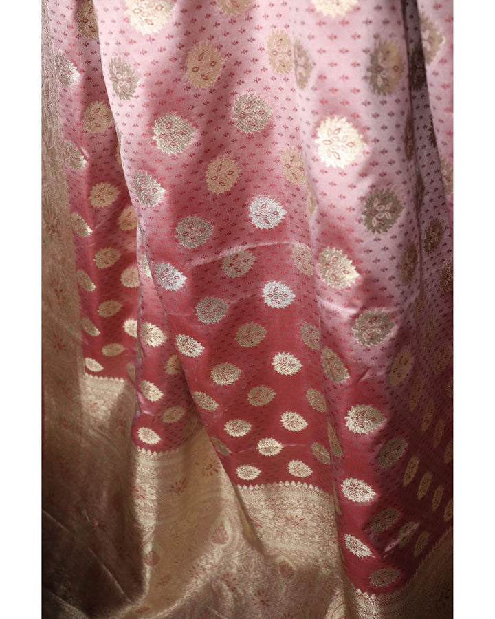 Peach kanjivaram soft satin silk saree with weaving butta work & rich pallu