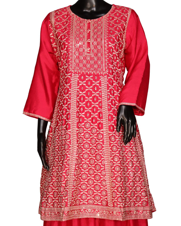 Rani Pink Chinnon Silk Embroidery Worked Sharara Suit