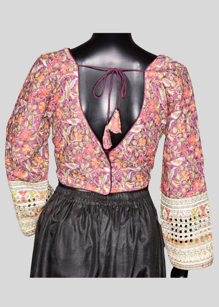 Magenta Chikankari With Kalamkari Print Readymade Blouse