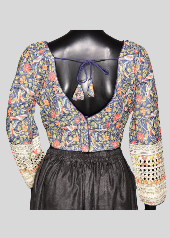 Navy Blue Chikankari With Kalamkari Print Readymade Blouse