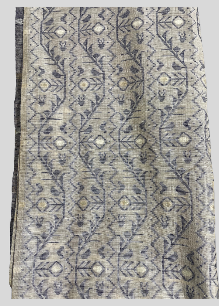 Off white and navy blue color soft muga cotton saree with jamdani woven design [SKU:S102942]