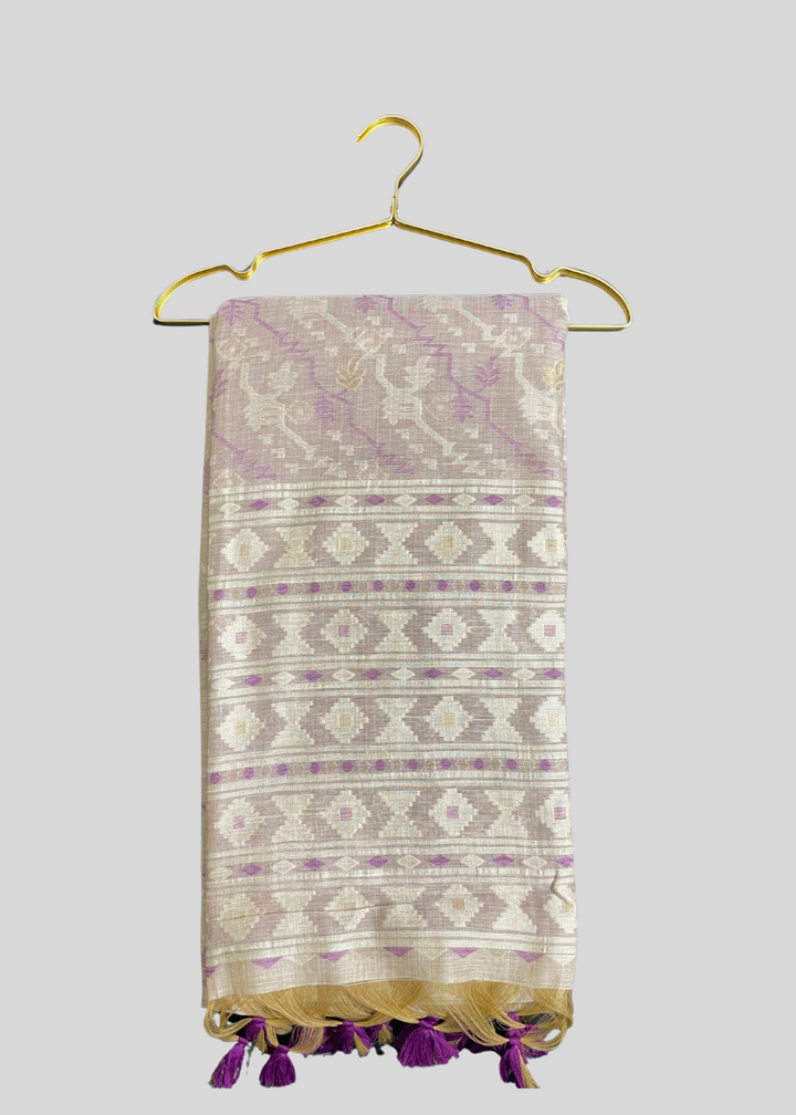 Cream soft muga cotton saree with jamdani weaving work [ SKU: S102652 ]