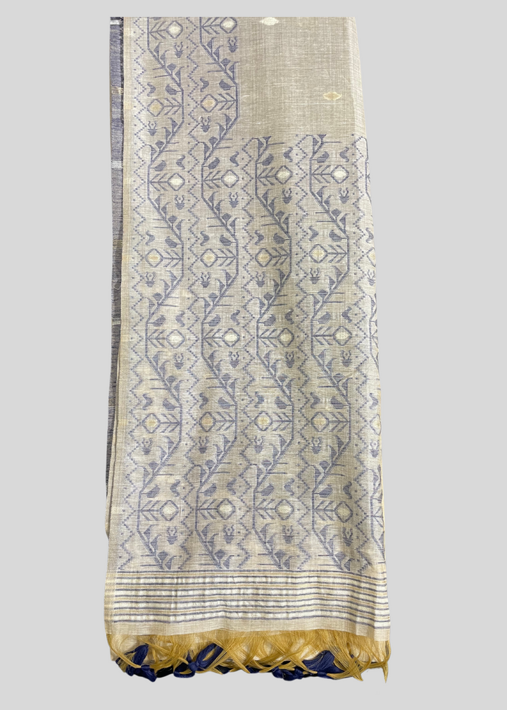 Off white and navy blue color soft muga cotton saree with jamdani woven design [SKU:S102942]