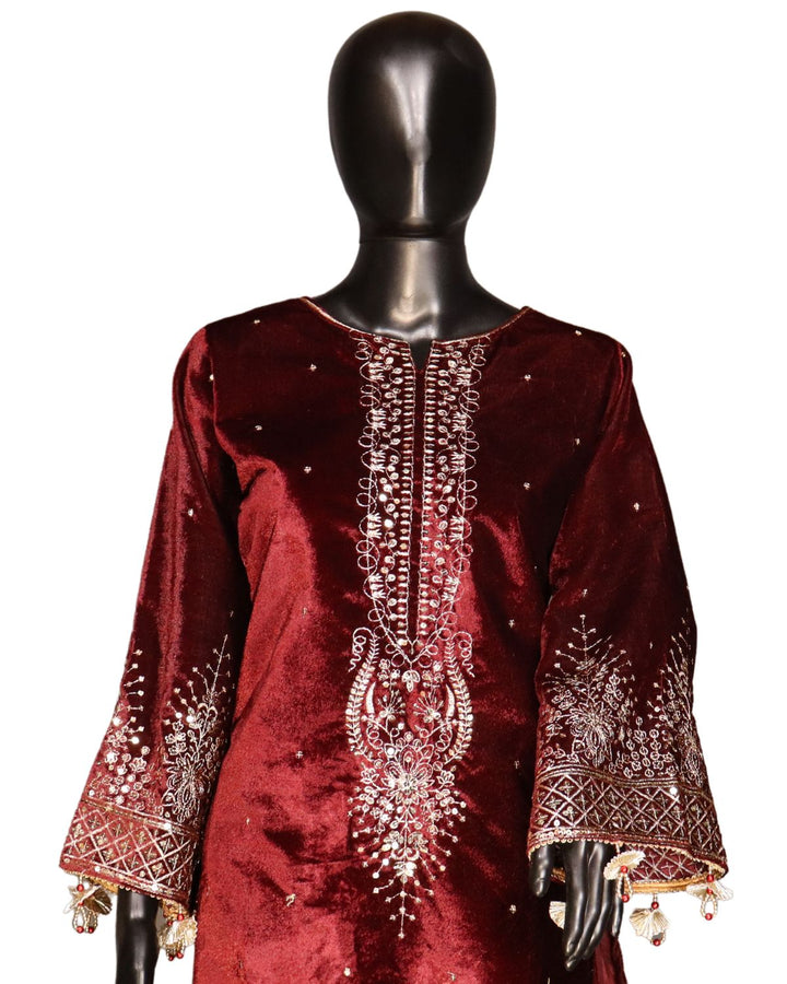 Maroon Heavy Pure Viscose Velvet With Embroidery Worked Salwar Suits