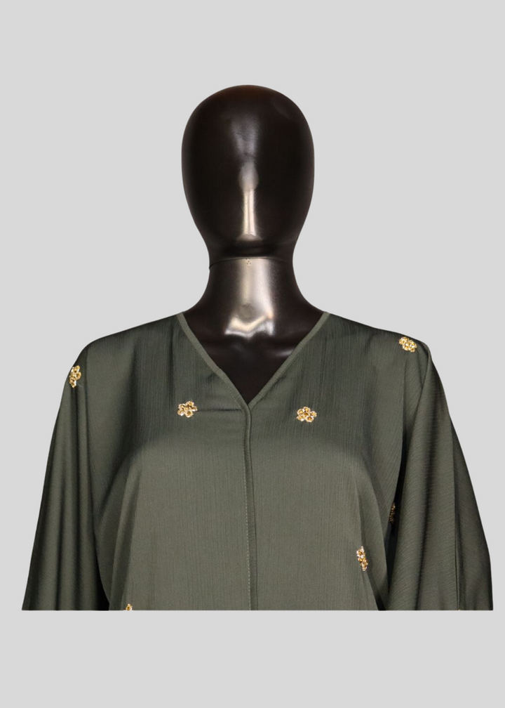 Green Premium Elegant Designer Green Abaya In Korean Zoom Fabric with Matching Georgette Hijab. [SKU A100300]