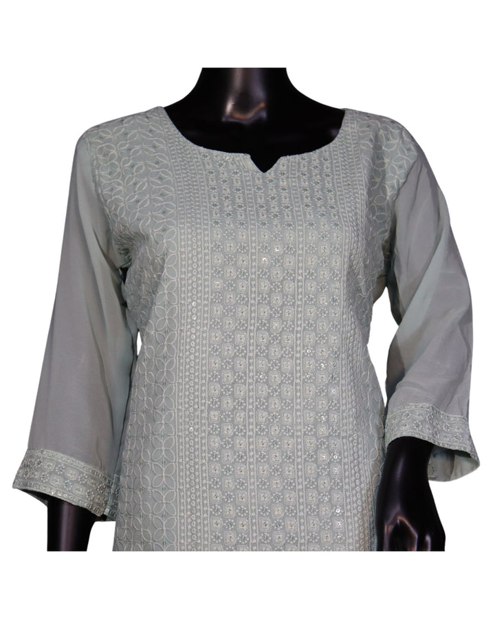 Baby Blue Faux georgette Schiffli Worked Sharara Suit