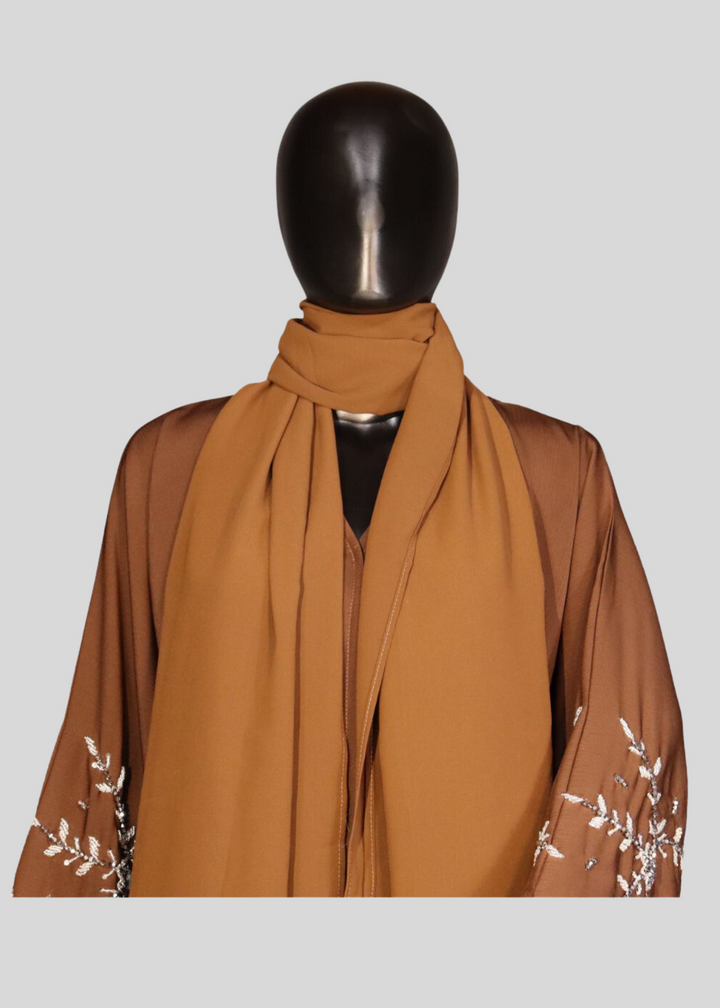 Brown Premium Elegant Designer Abaya In Korean Zoom Fabric with Matching Georgette Hijab