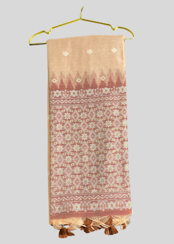 Peach premium muga cotton saree with jamdani weaving work [ SKU: S102852 ]
