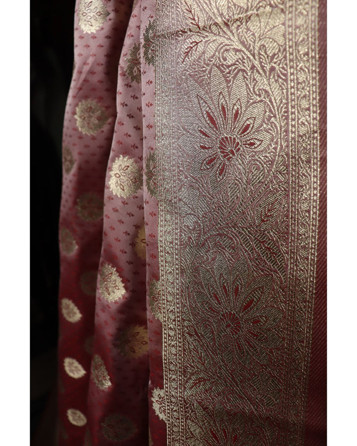 Peach kanjivaram soft satin silk saree with weaving butta work & rich pallu