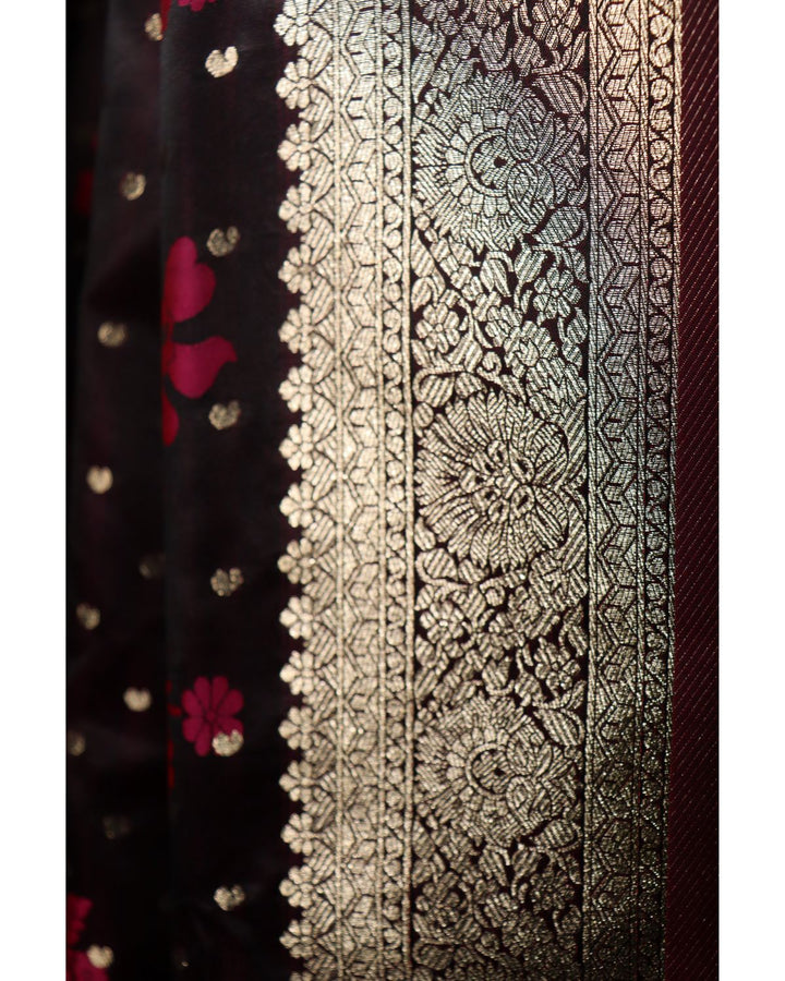 Maroon kanjivaram satin silk saree with zari weaving border & designer rich pallu