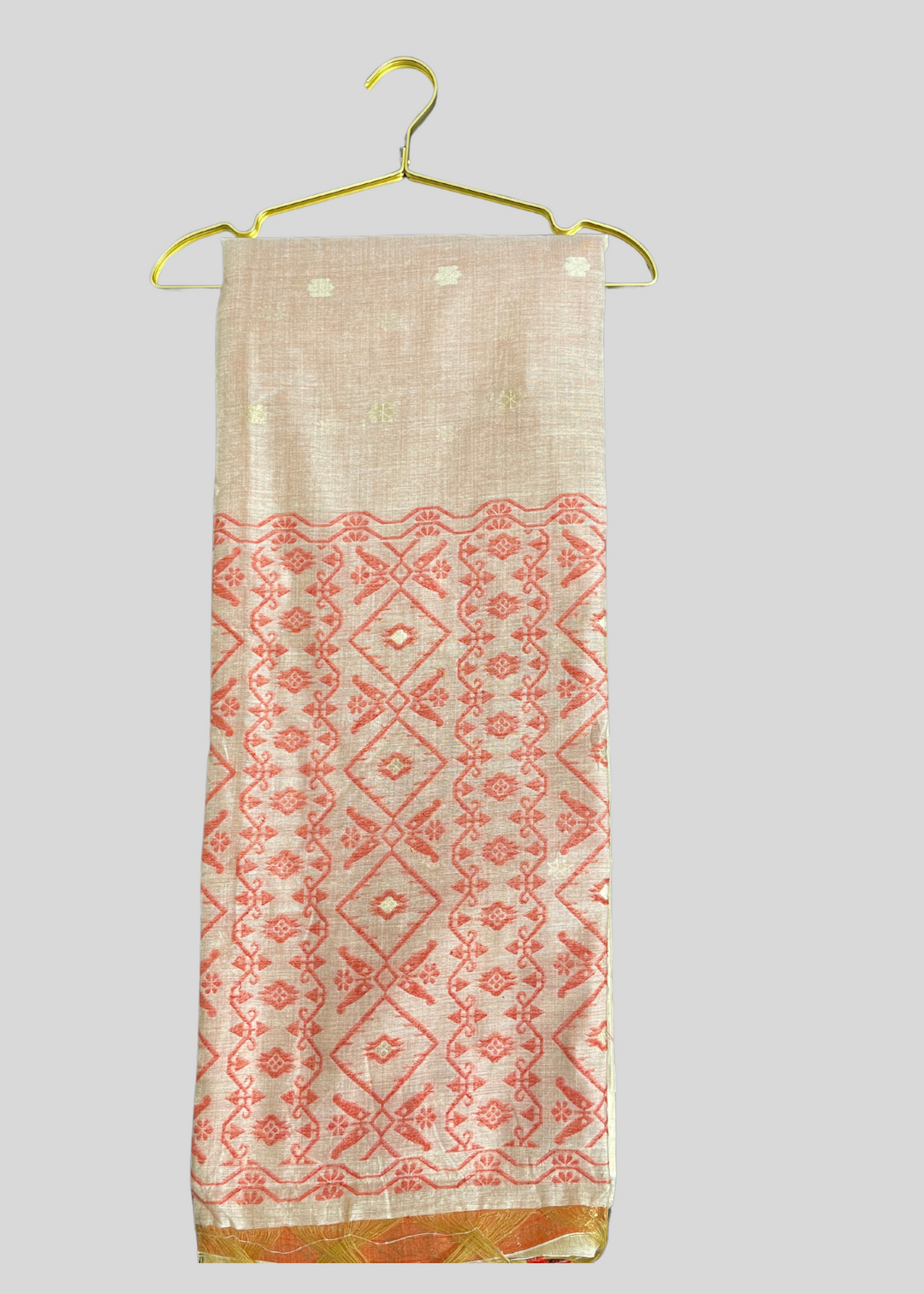 Off white and red color soft muga cotton saree with jamdani woven design [SKU:S103342]