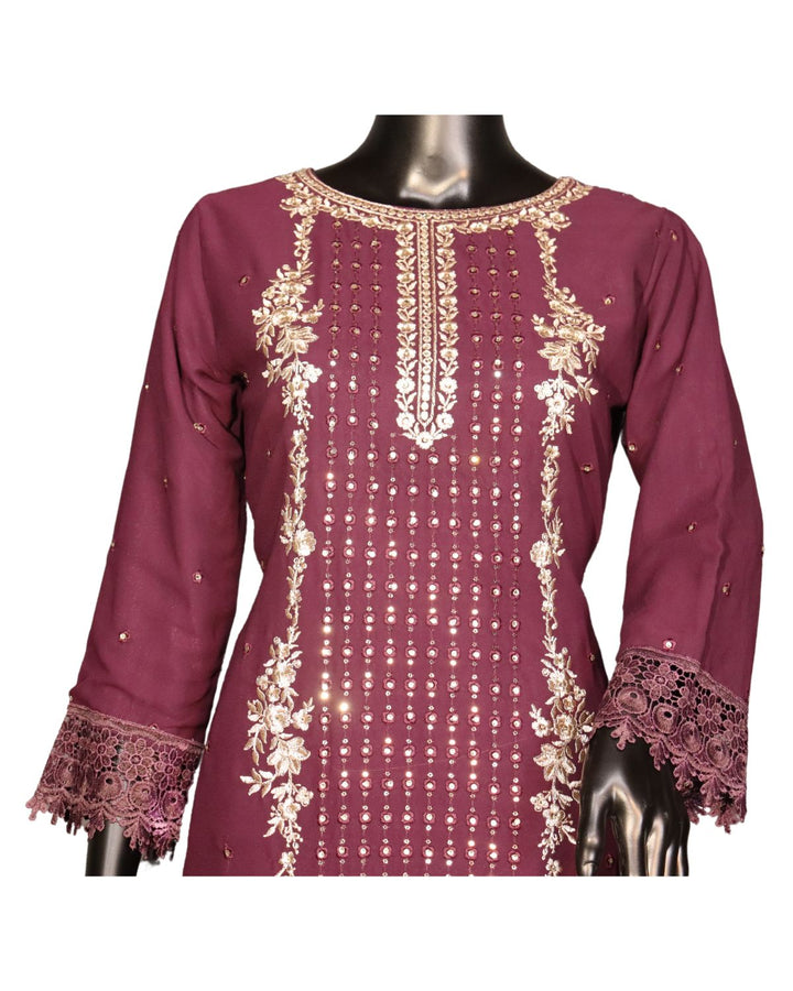 Wine Faux Georgette Exclusive Embroidery & Sequence Worked Pakistani Salwar Suit