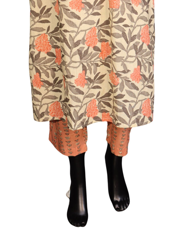Pure Cotton Coffee Cream Salwar Suit with Pink Floral Work