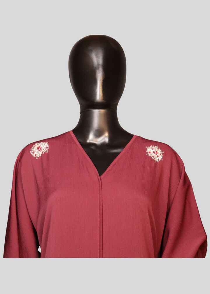 Maroon Premium Elegant Designer Abaya In Korean Zoom Fabric with Matching Georgette Hijab