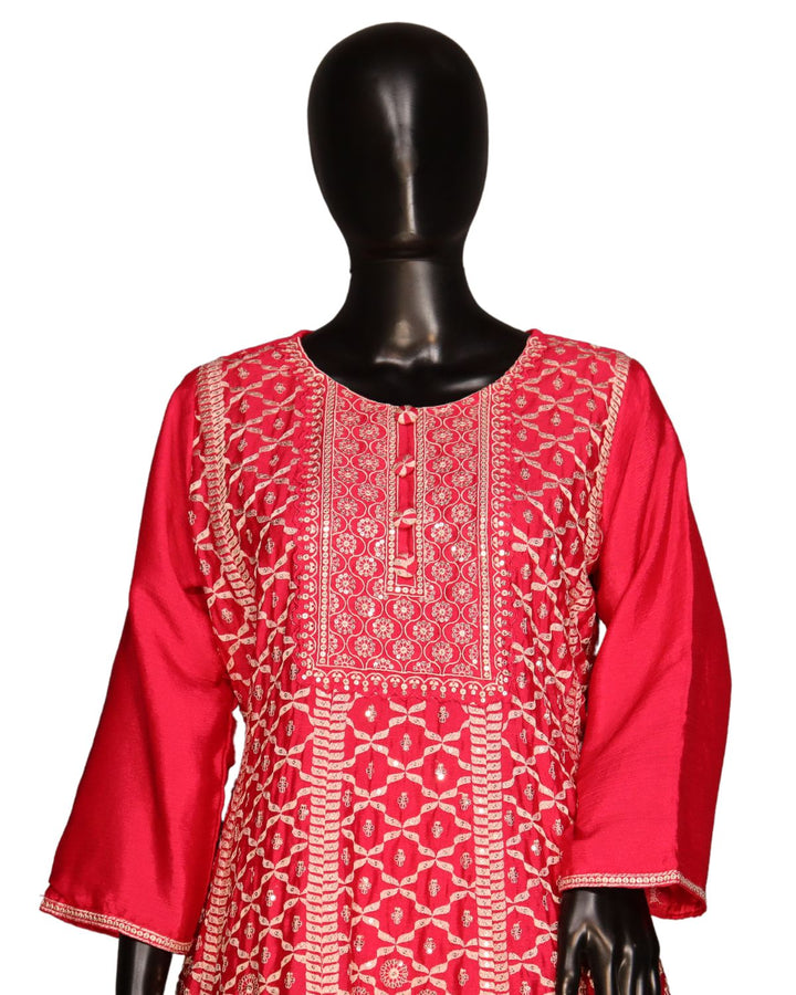 Rani Pink Chinnon Silk Embroidery Worked Sharara Suit