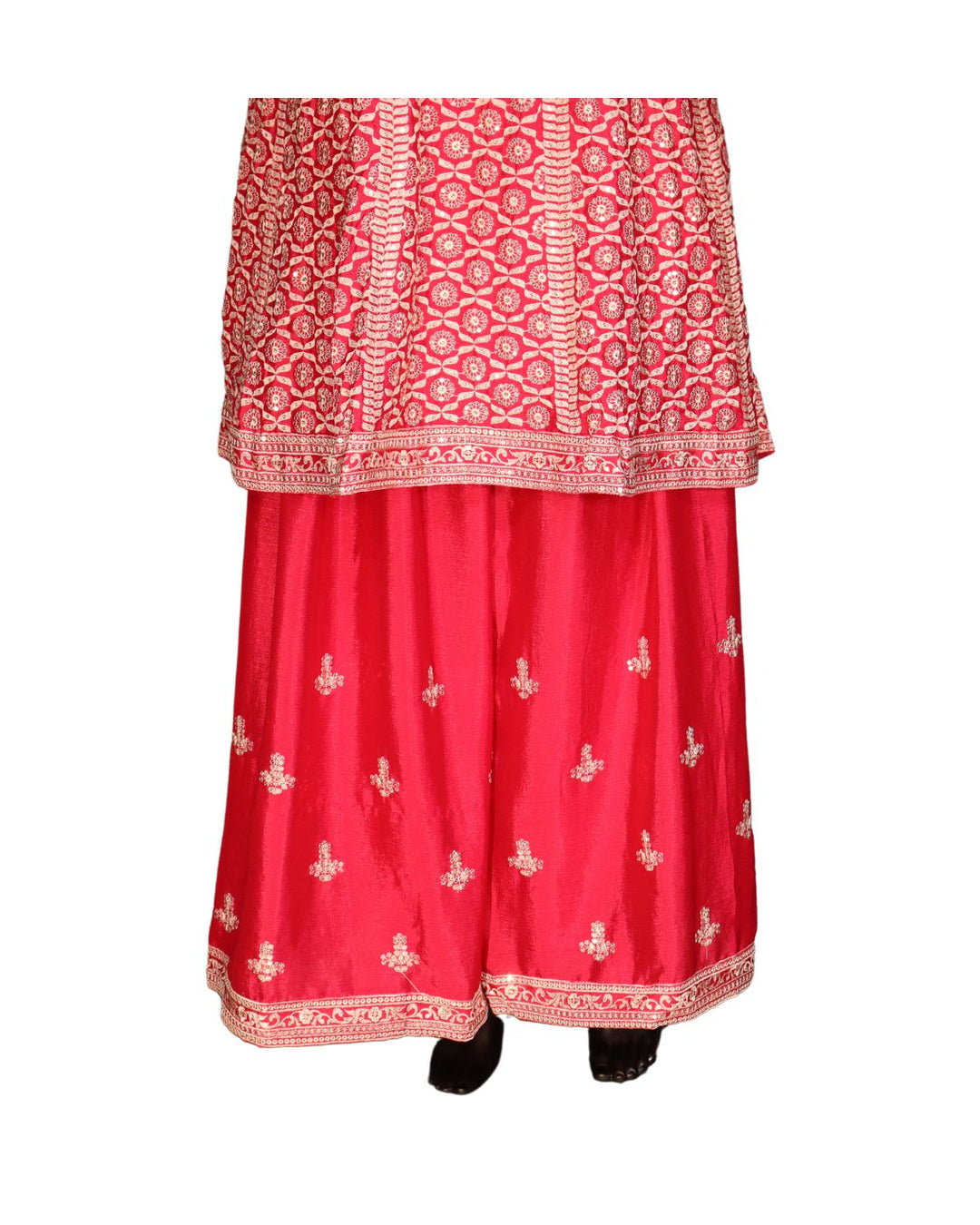 Rani Pink Chinnon Silk Embroidery Worked Sharara Suit