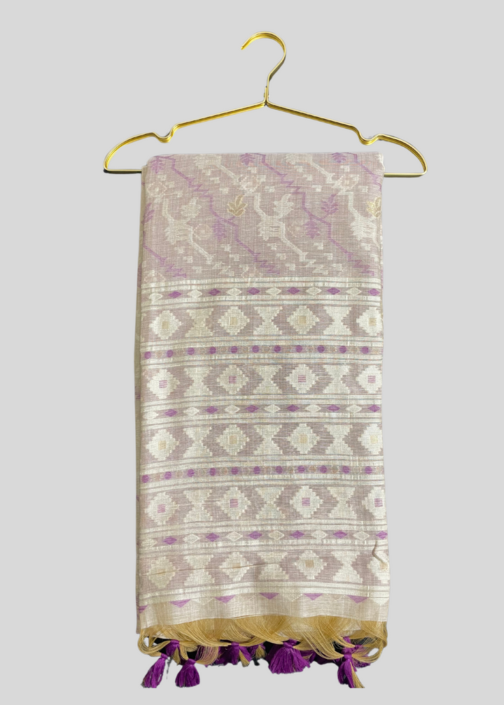 Cream soft muga cotton saree with jamdani weaving work [ SKU: S102652 ]
