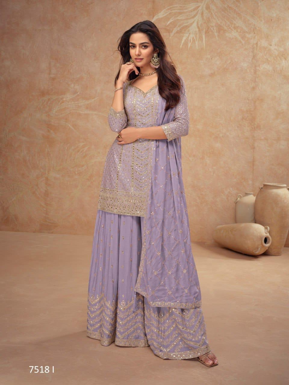 Lavender Heavy Chinon Fabric With Sequence Work[SKU D105843]