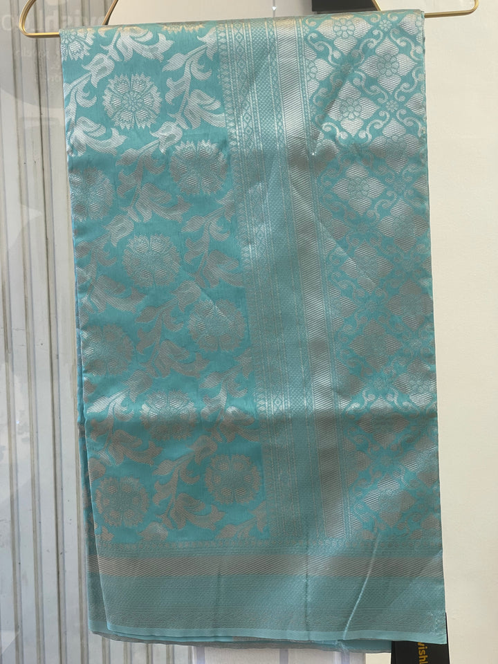 # Sky Blue Pure Lichi Silk Saree [SKU: SO104916]