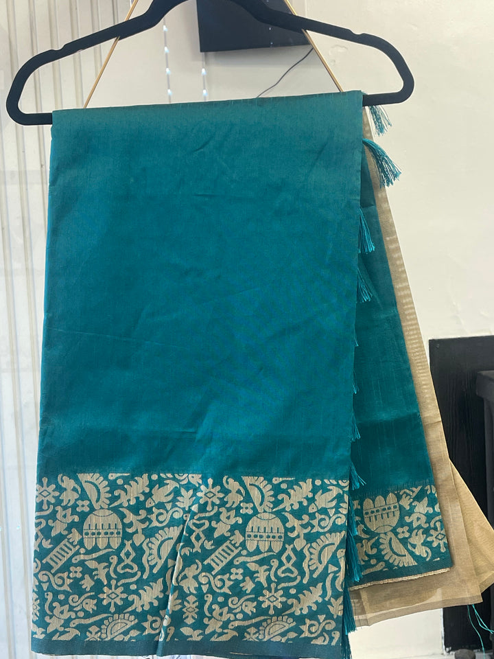 # Teal Blue Banglori Handloom Raw Silk Saree [SKU: SO104310]