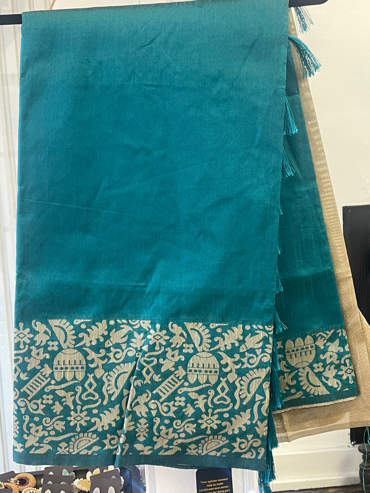 # Teal Blue Banglori Handloom Raw Silk Saree [SKU: SO104310]