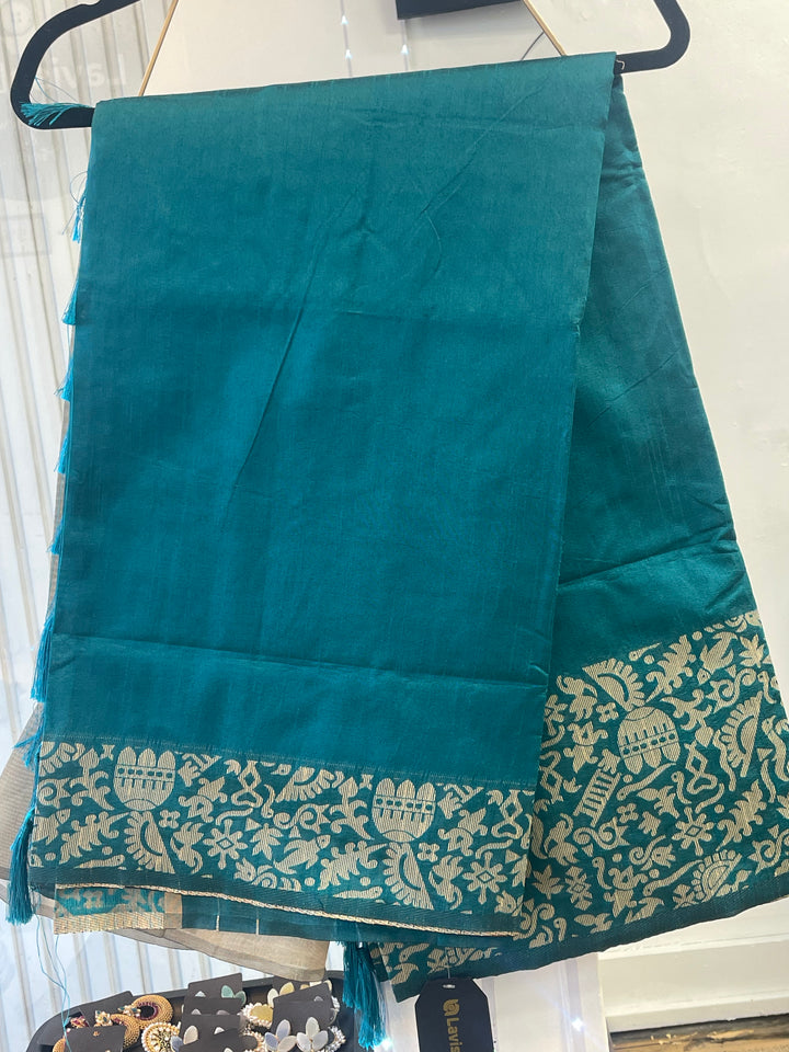 # Teal Blue Banglori Handloom Raw Silk Saree [SKU: SO104310]